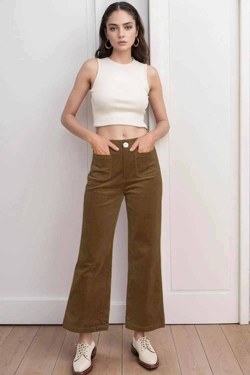 Corduroy Pants Women Elastic Waist Business Casual Pants Bell Bottoms for Women Wide Leg Trousers Flare Pants