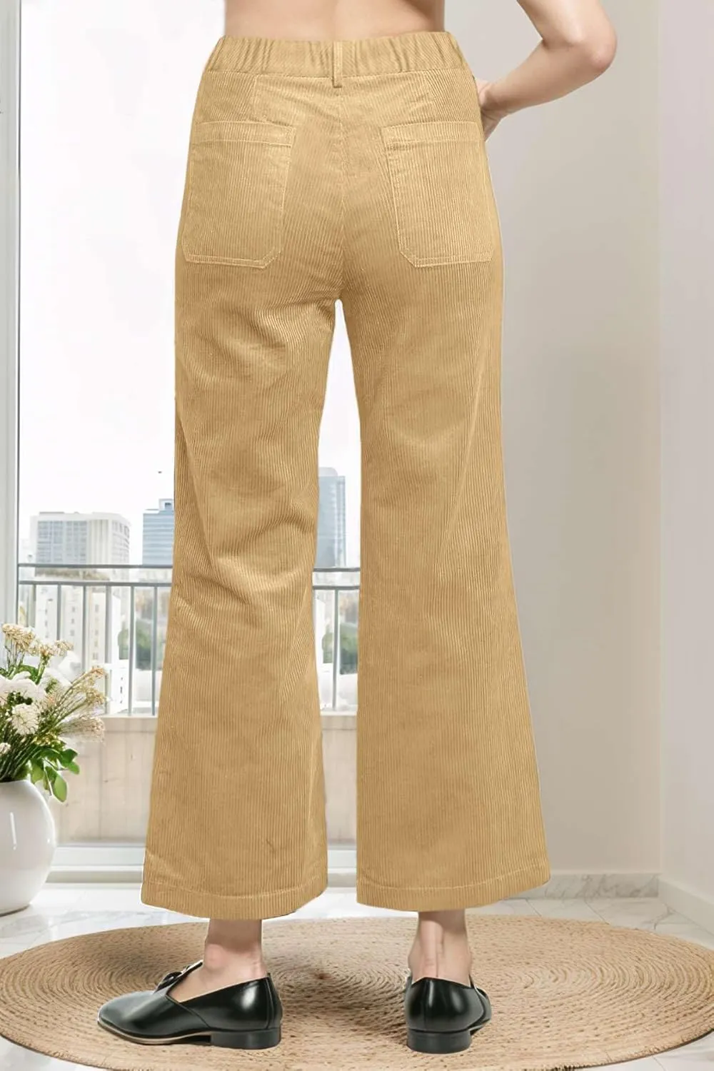 Corduroy Pants Women Elastic Waist Business Casual Pants Bell Bottoms for Women Wide Leg Trousers Flare Pants