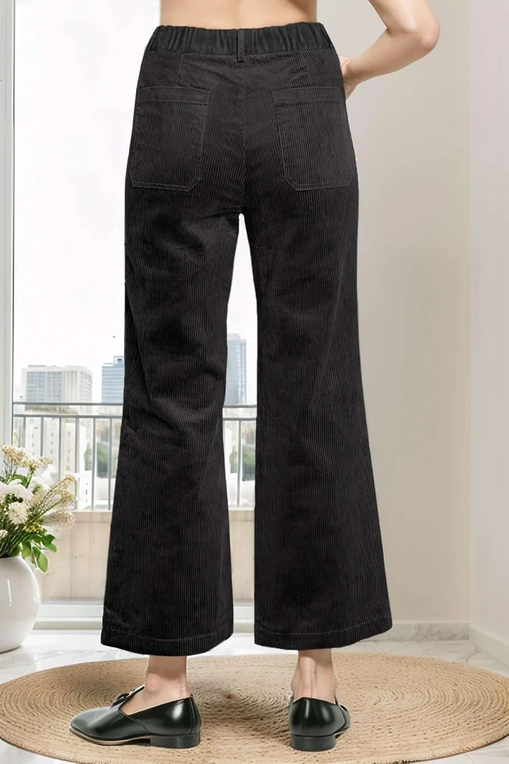 Corduroy Pants Women Elastic Waist Business Casual Pants Bell Bottoms for Women Wide Leg Trousers Flare Pants