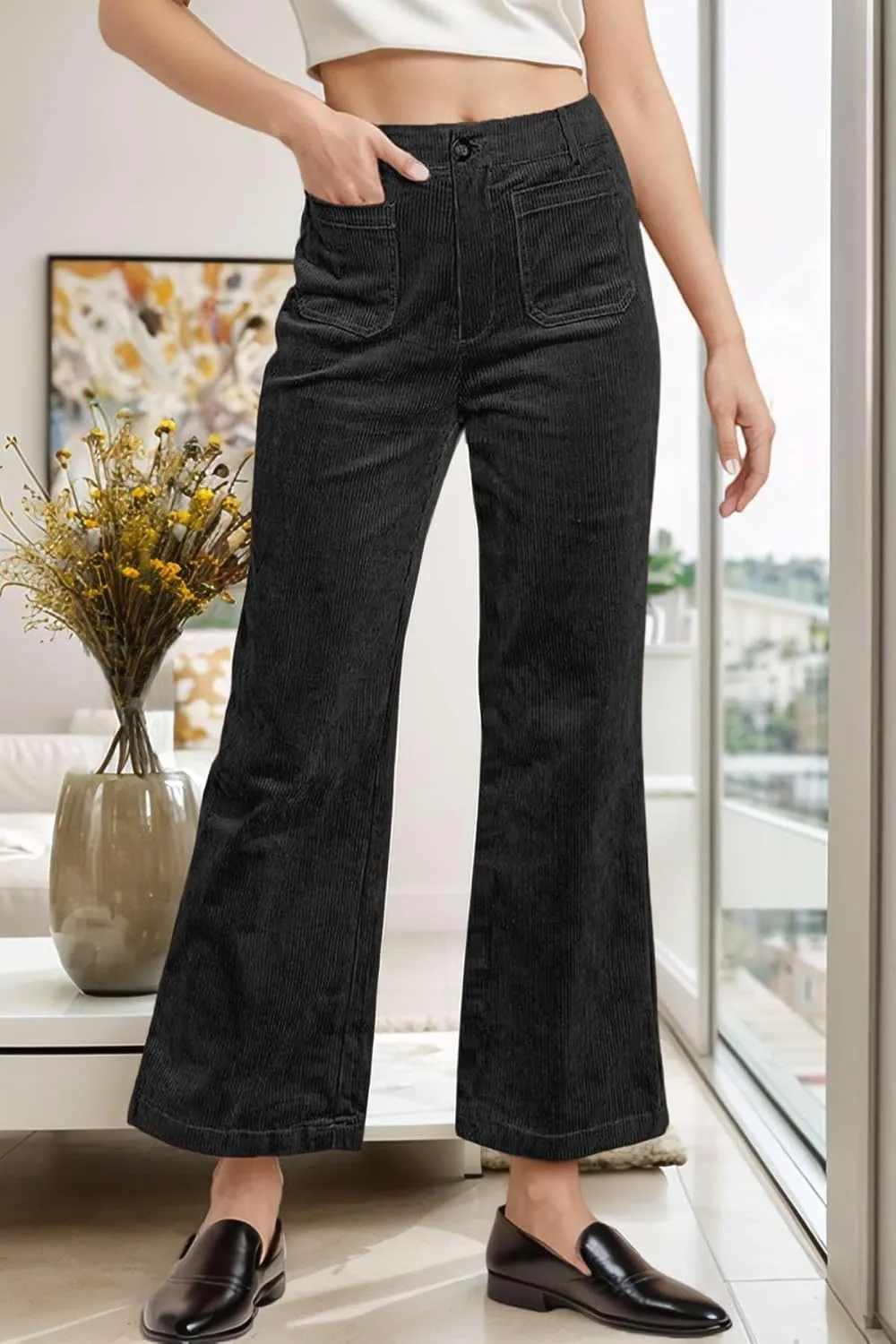 Corduroy Pants Women Elastic Waist Business Casual Pants Bell Bottoms for Women Wide Leg Trousers Flare Pants