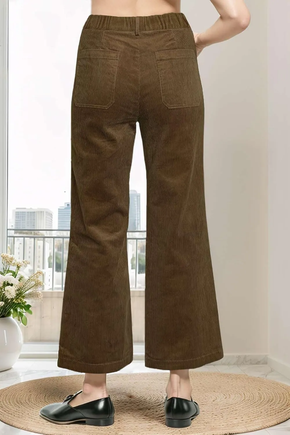 Corduroy Pants Women Elastic Waist Business Casual Pants Bell Bottoms for Women Wide Leg Trousers Flare Pants