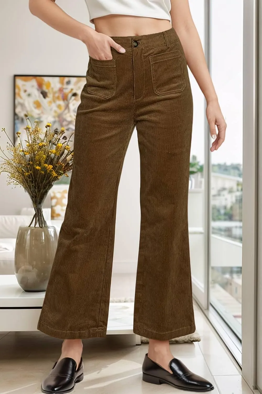 Corduroy Pants Women Elastic Waist Business Casual Pants Bell Bottoms for Women Wide Leg Trousers Flare Pants