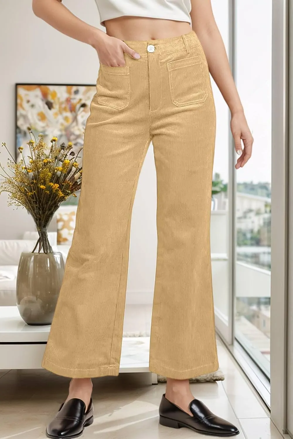 Corduroy Pants Women Elastic Waist Business Casual Pants Bell Bottoms for Women Wide Leg Trousers Flare Pants