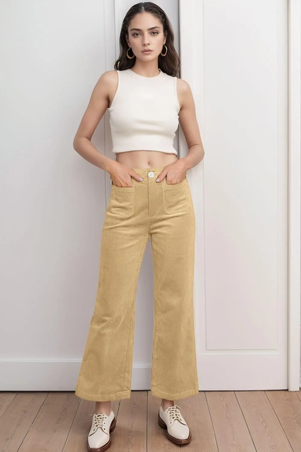 Corduroy Pants Women Elastic Waist Business Casual Pants Bell Bottoms for Women Wide Leg Trousers Flare Pants