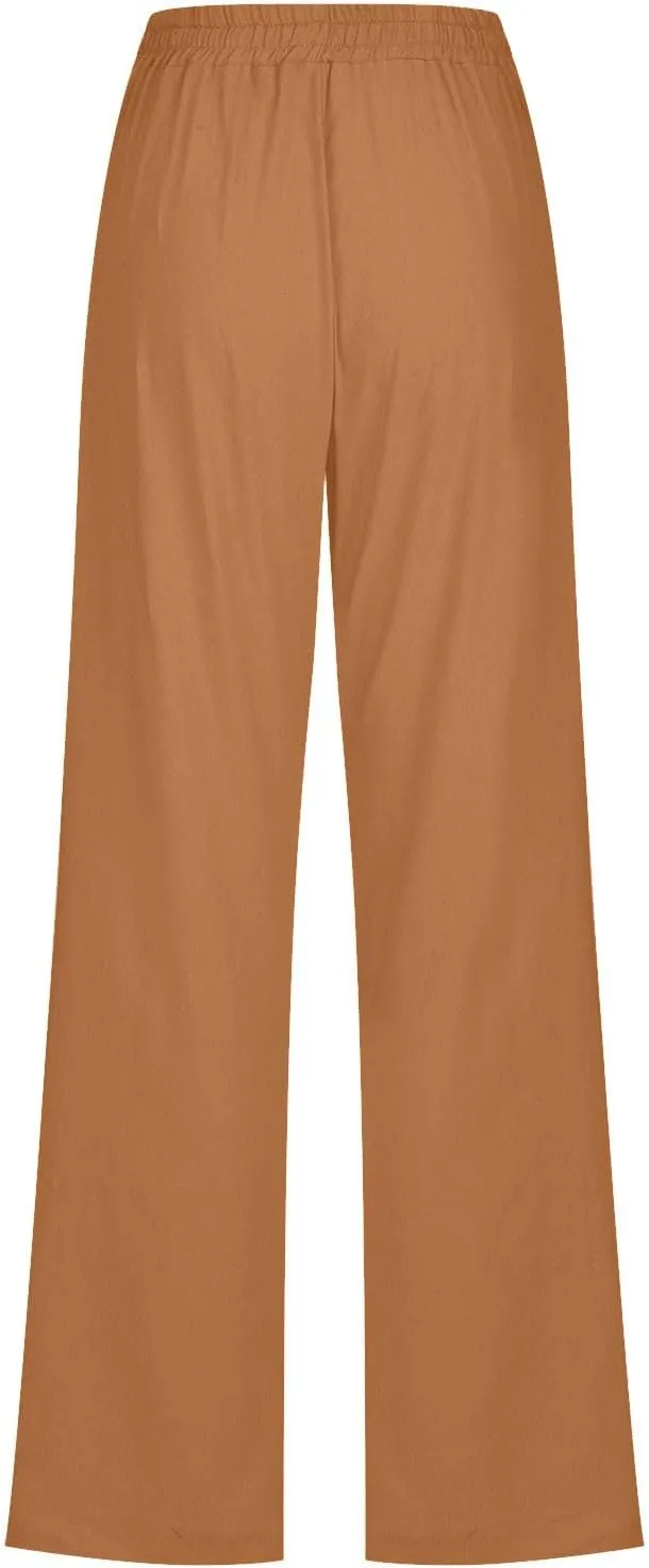 Cotton Linen Pants Women Summer Elastic High Waisted Pant Solid Wide Leg Trousers Casual Tie Waist Straight Pants
