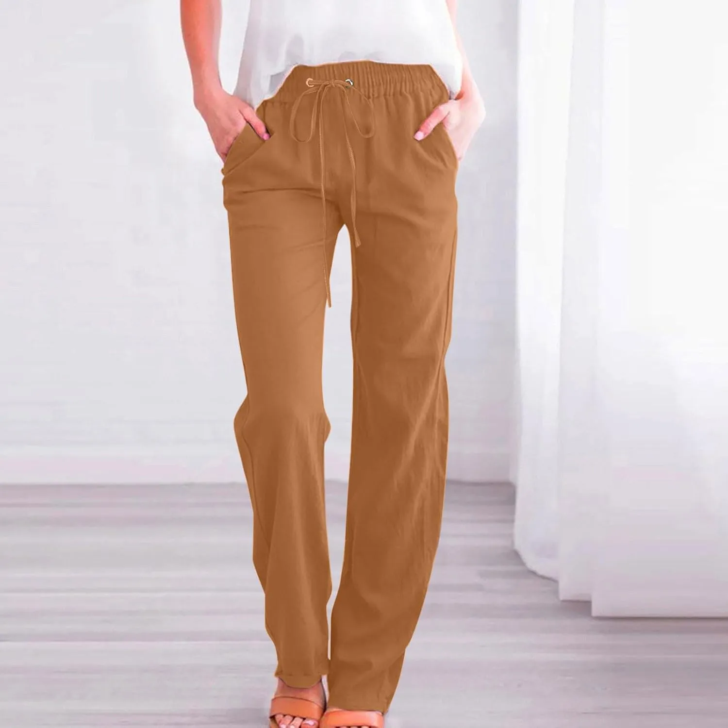 Cotton Linen Pants Women Summer Elastic High Waisted Pant Solid Wide Leg Trousers Casual Tie Waist Straight Pants