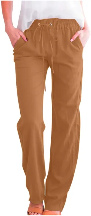 Cotton Linen Pants Women Summer Elastic High Waisted Pant Solid Wide Leg Trousers Casual Tie Waist Straight Pants