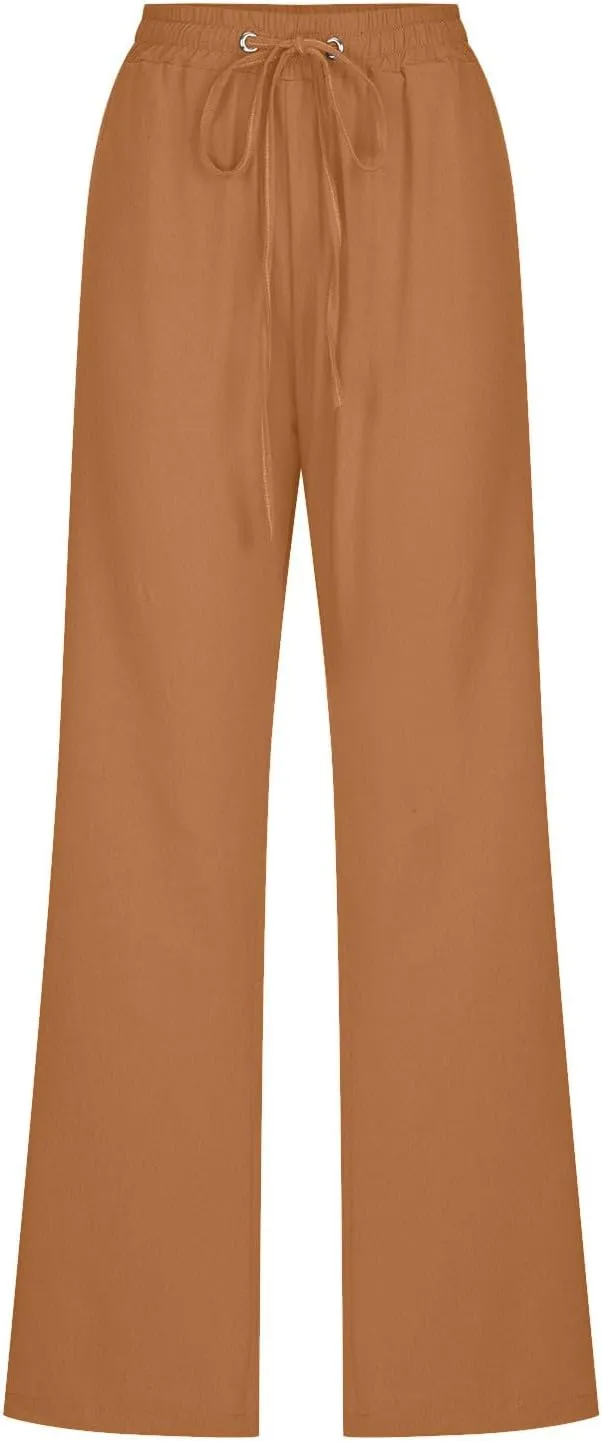 Cotton Linen Pants Women Summer Elastic High Waisted Pant Solid Wide Leg Trousers Casual Tie Waist Straight Pants