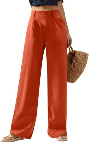 Cotton Linen Work Pants Women Business Casual Button Down Elastic High Waisted Wide Leg Lounge Pants Beach Trousers