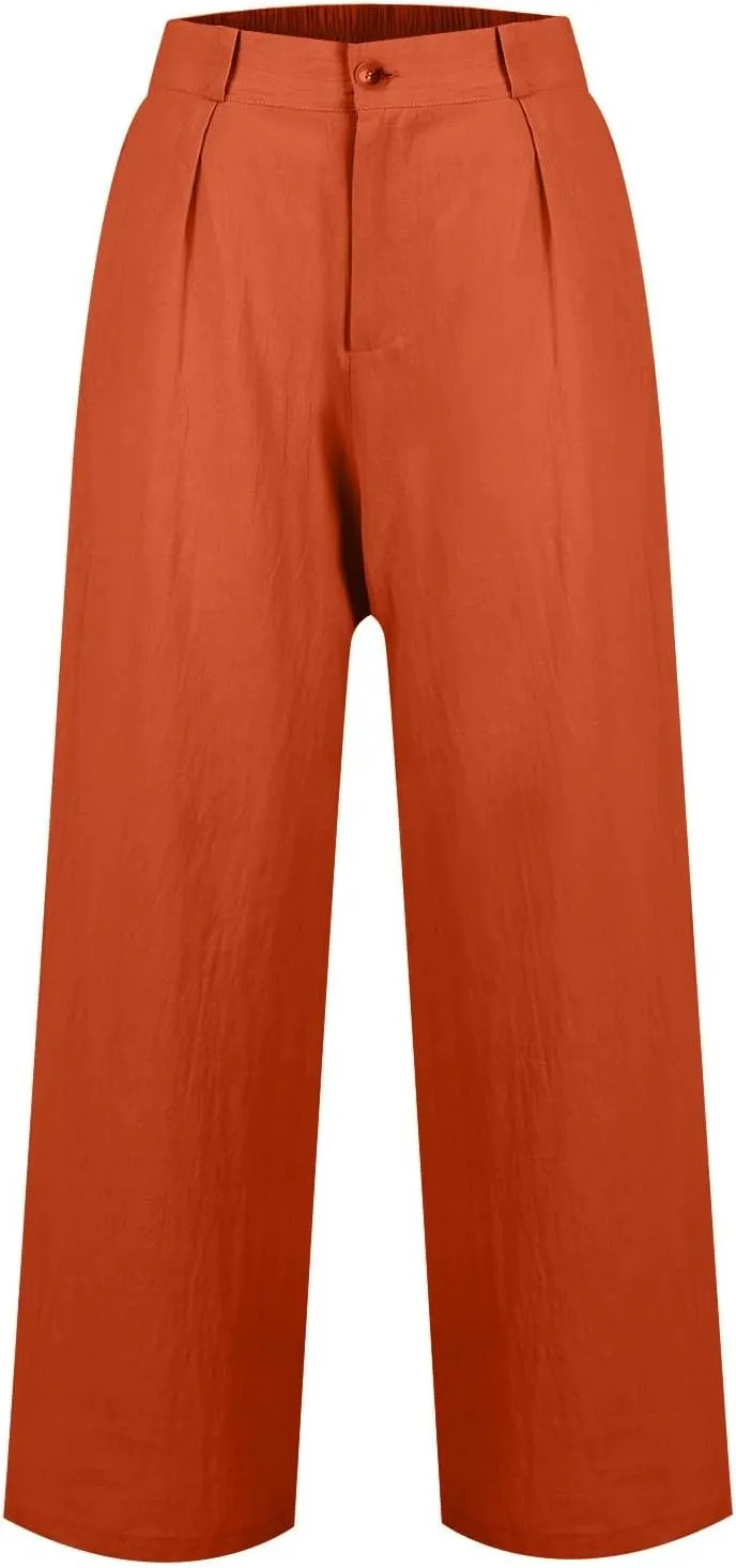 Cotton Linen Work Pants Women Business Casual Button Down Elastic High Waisted Wide Leg Lounge Pants Beach Trousers