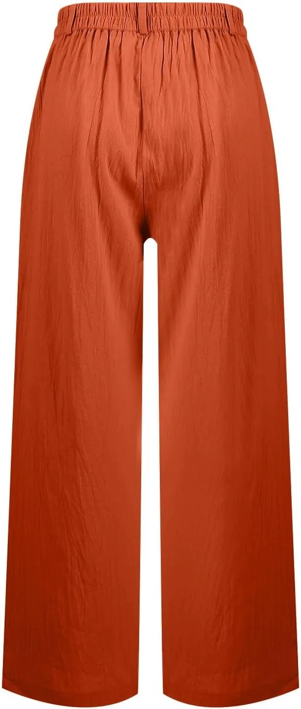 Cotton Linen Work Pants Women Business Casual Button Down Elastic High Waisted Wide Leg Lounge Pants Beach Trousers