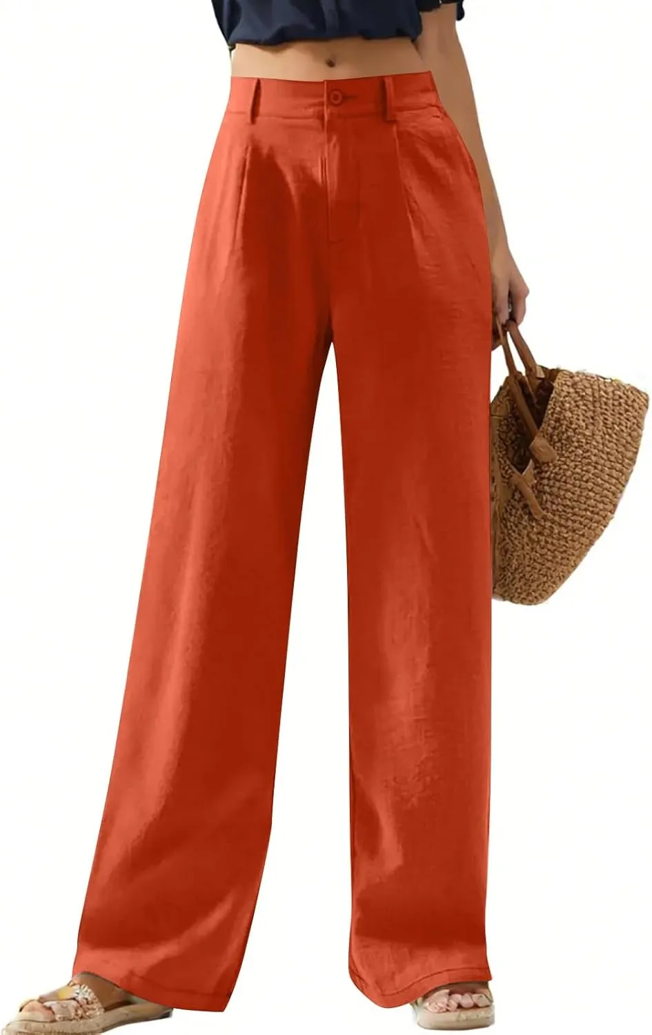 Cotton Linen Work Pants Women Business Casual Button Down Elastic High Waisted Wide Leg Lounge Pants Beach Trousers