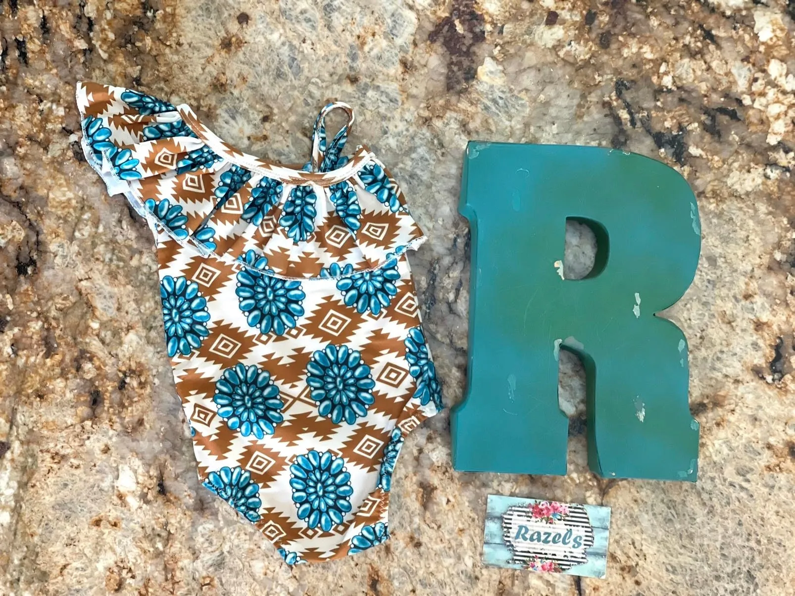 Cowgirl Swimsuit Turquoise Concho Aztec Swimsuit Girls SOUTHWESTERN Squash blossom Ruffle Swimsuit Turquoise Conchos