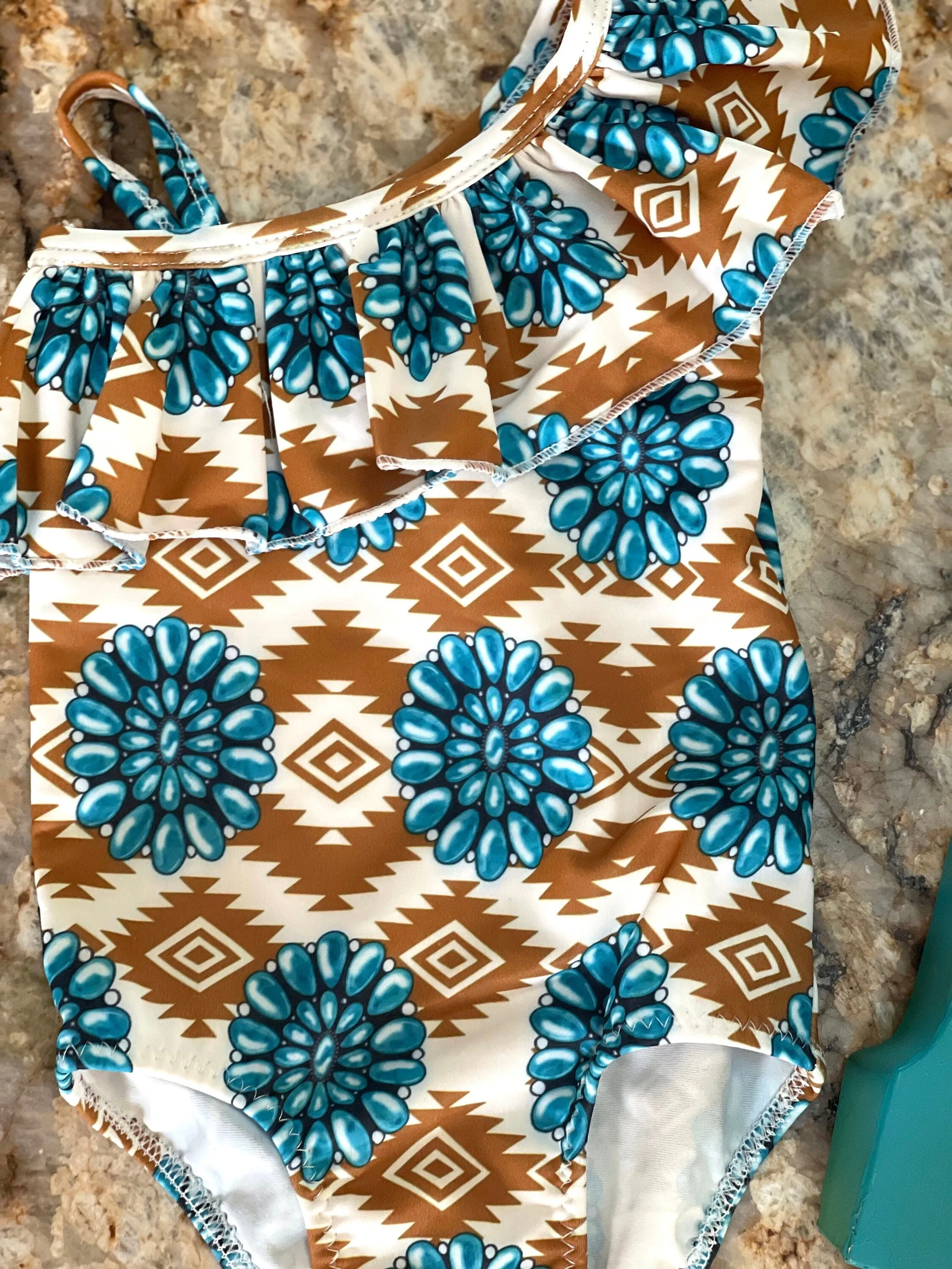 Cowgirl Swimsuit Turquoise Concho Aztec Swimsuit Girls SOUTHWESTERN Squash blossom Ruffle Swimsuit Turquoise Conchos