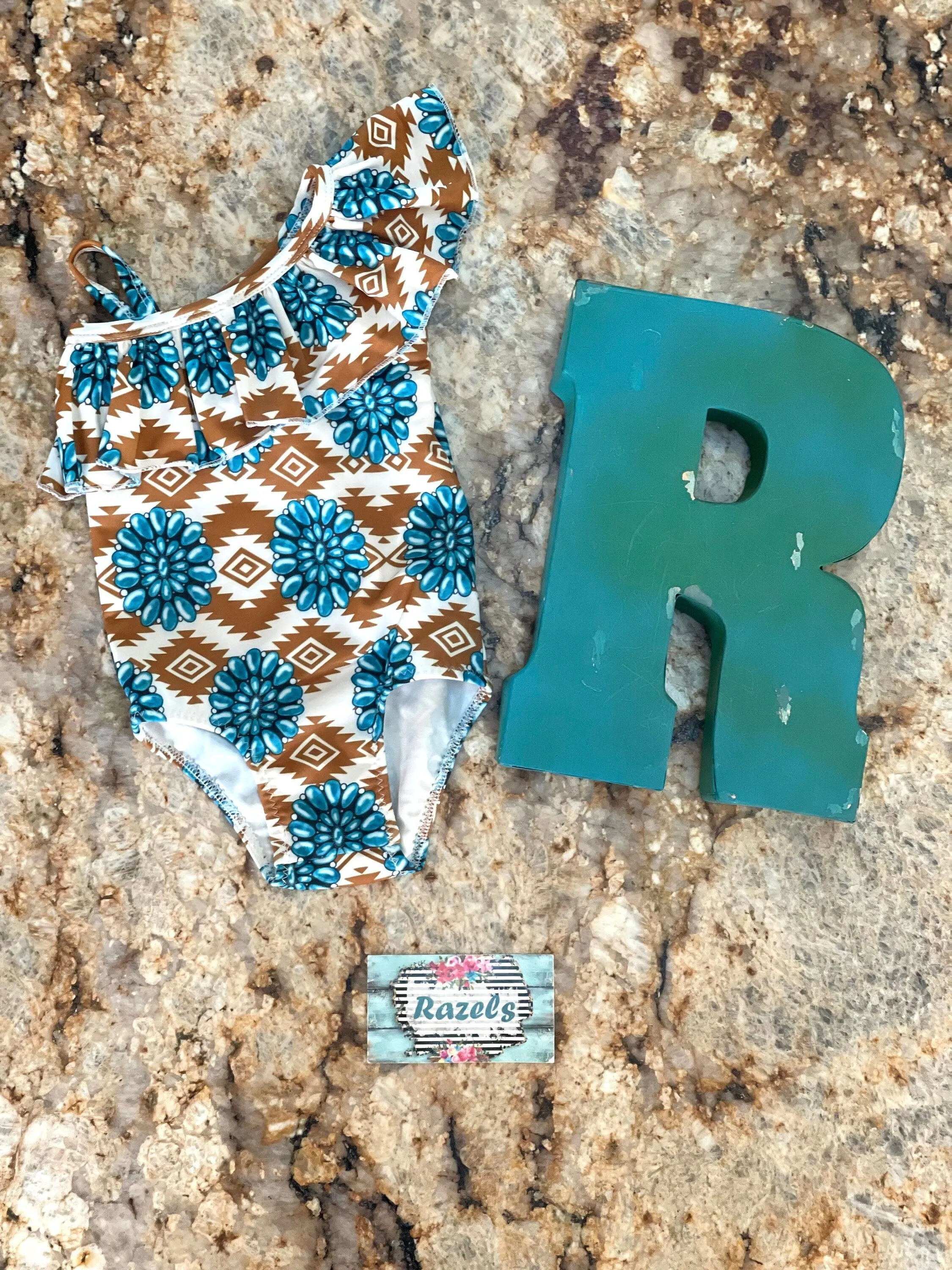 Cowgirl Swimsuit Turquoise Concho Aztec Swimsuit Girls SOUTHWESTERN Squash blossom Ruffle Swimsuit Turquoise Conchos