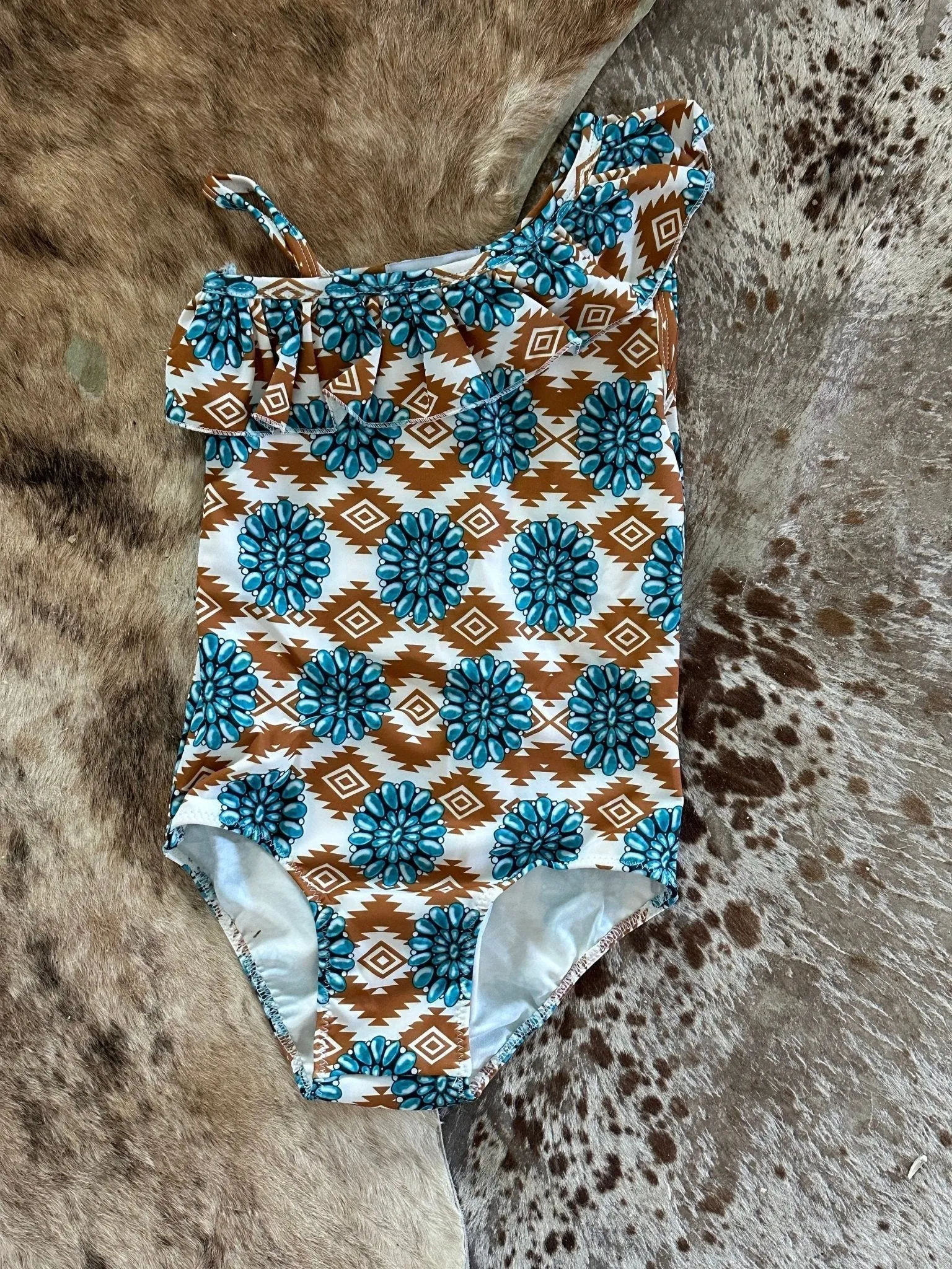 Cowgirl Swimsuit Turquoise Concho Aztec Swimsuit Girls SOUTHWESTERN Squash blossom Ruffle Swimsuit Turquoise Conchos