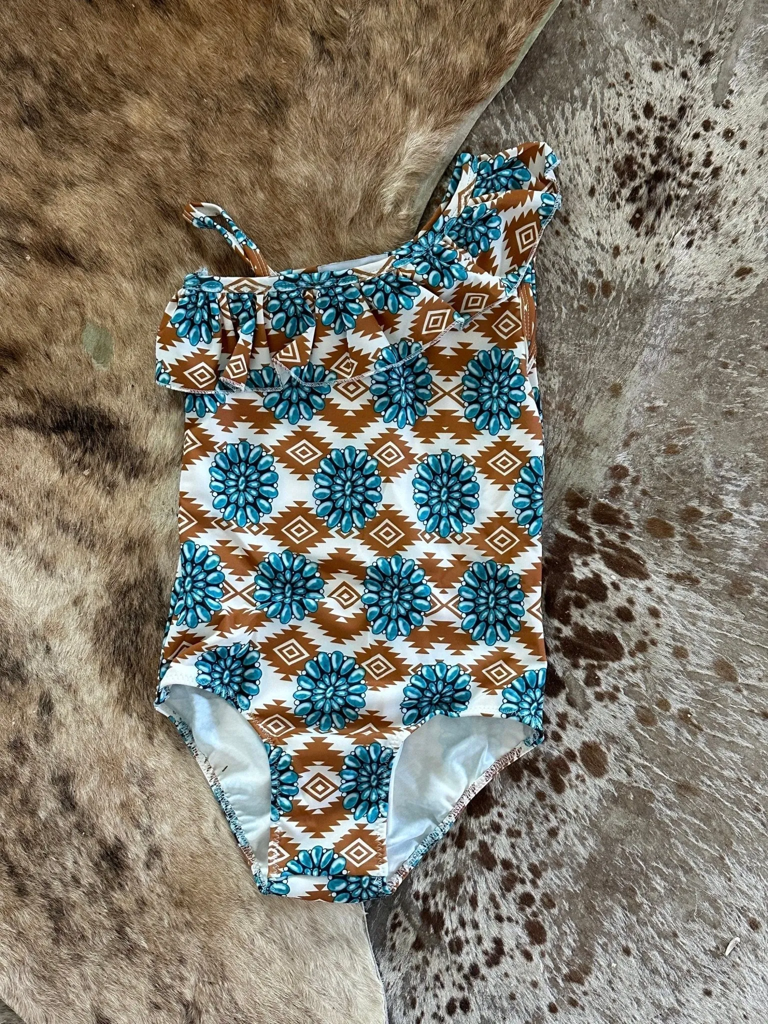 Cowgirl Swimsuit Turquoise Concho Aztec Swimsuit Girls SOUTHWESTERN Squash blossom Ruffle Swimsuit Turquoise Conchos