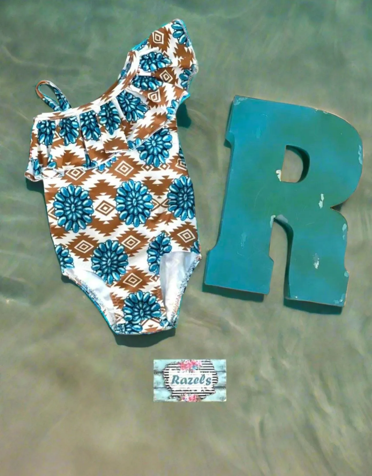Cowgirl Swimsuit Turquoise Concho Aztec Swimsuit Girls SOUTHWESTERN Squash blossom Ruffle Swimsuit Turquoise Conchos