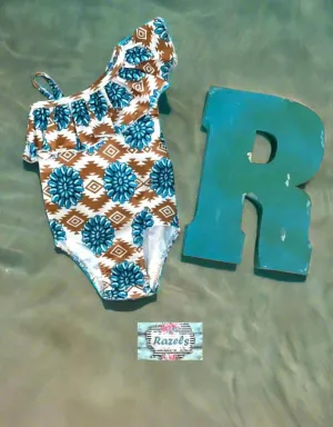 Cowgirl Swimsuit Turquoise Concho Aztec Swimsuit Girls SOUTHWESTERN Squash blossom Ruffle Swimsuit Turquoise Conchos