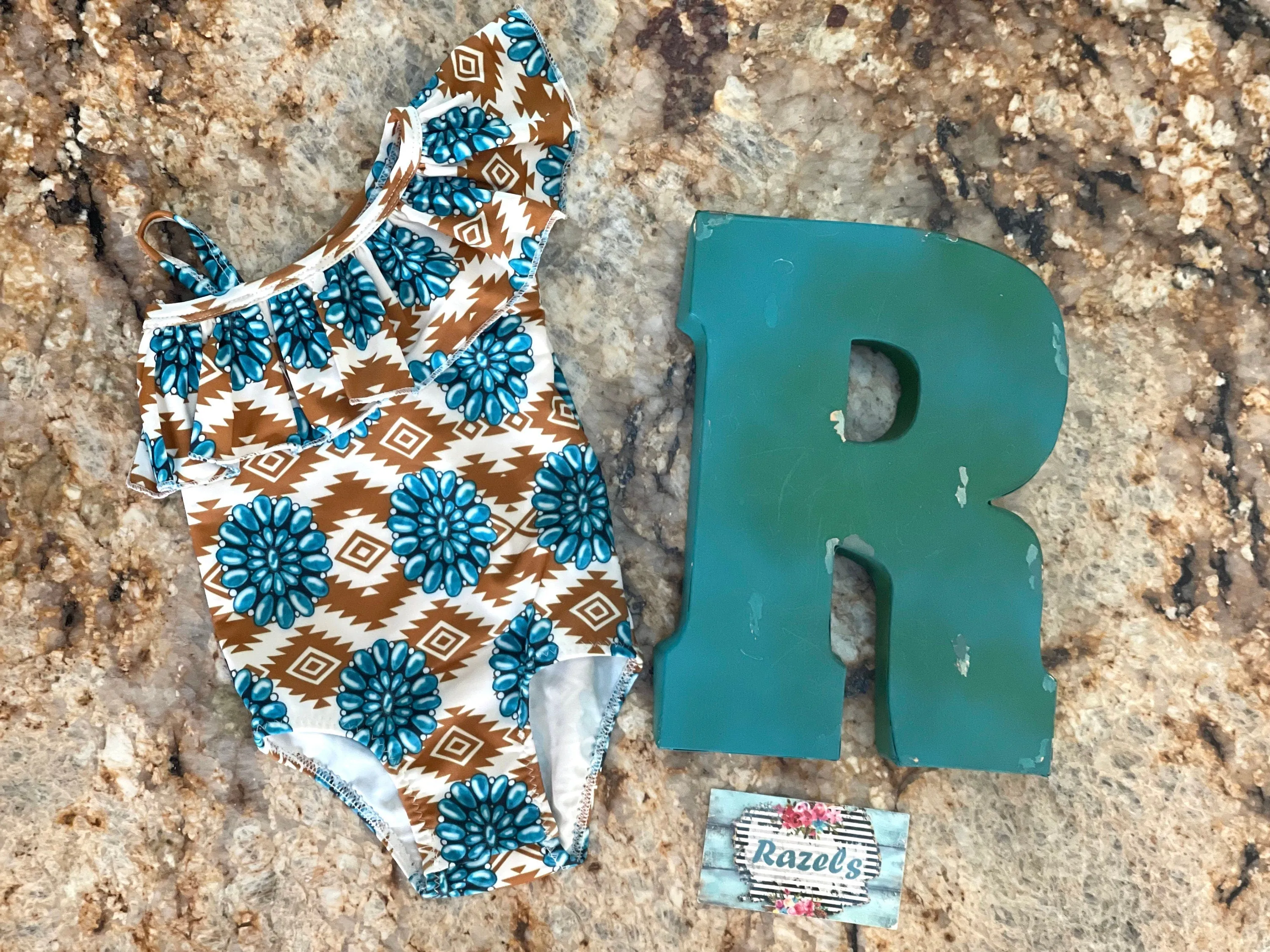 Cowgirl Swimsuit Turquoise Concho Aztec Swimsuit Girls SOUTHWESTERN Squash blossom Ruffle Swimsuit Turquoise Conchos