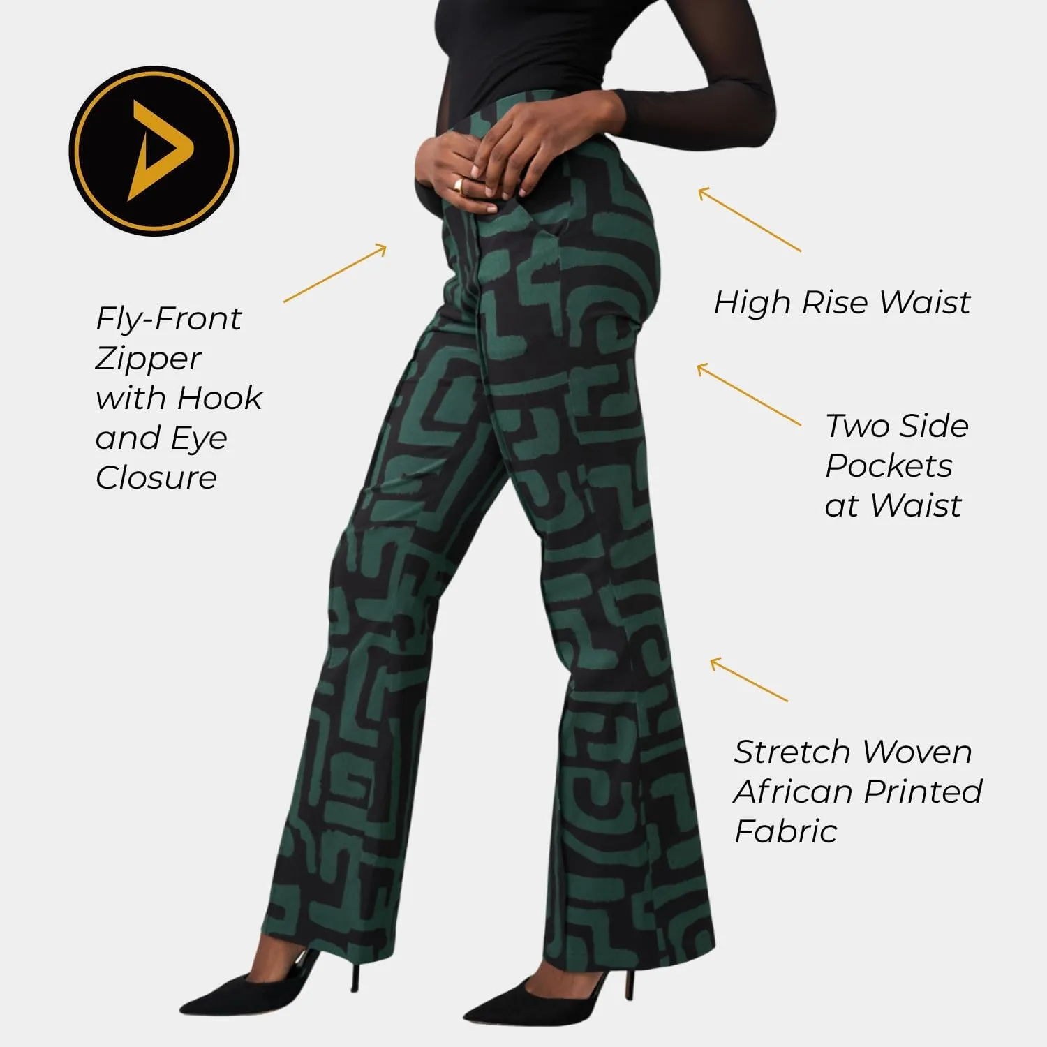 D'IYANU | Abebe Women's African Print Stretch Wide Leg Pants | Black Malachite Geometric | XS