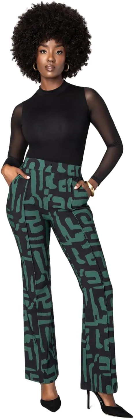 D'IYANU | Abebe Women's African Print Stretch Wide Leg Pants | Black Malachite Geometric | XS