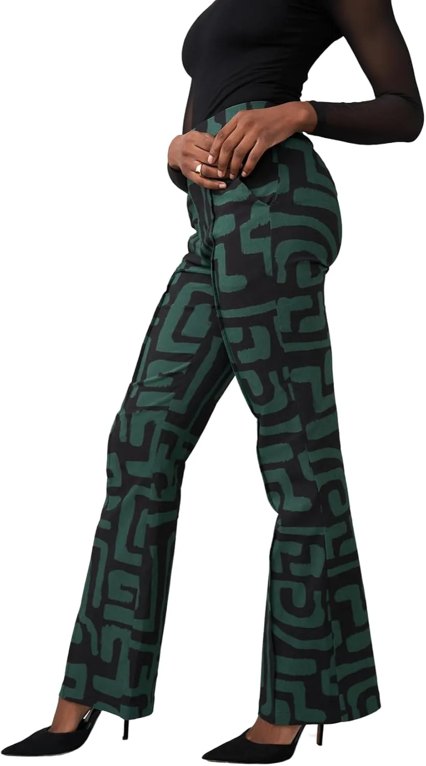 D'IYANU | Abebe Women's African Print Stretch Wide Leg Pants | Black Malachite Geometric | XS