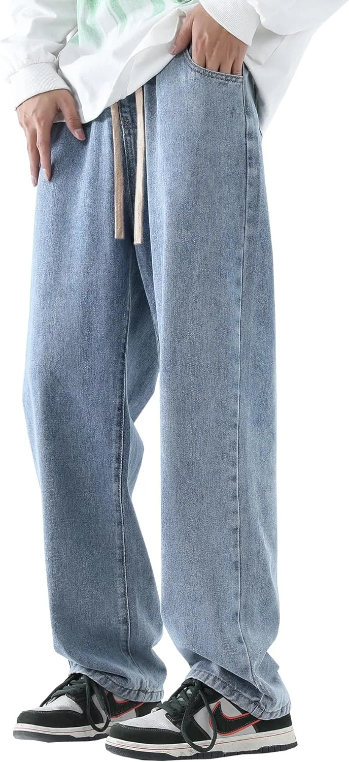 DOSLAVIDA Men's Regular Fit Straight Leg Jeans Casual Drawstring Elastic Waist Denim Pants Lightweight Carpenter Jean