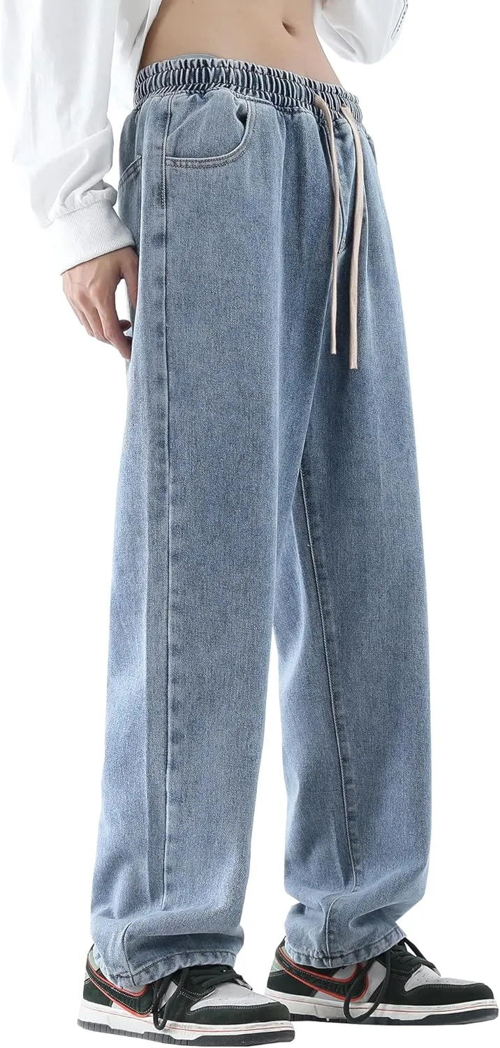 DOSLAVIDA Men's Regular Fit Straight Leg Jeans Casual Drawstring Elastic Waist Denim Pants Lightweight Carpenter Jean