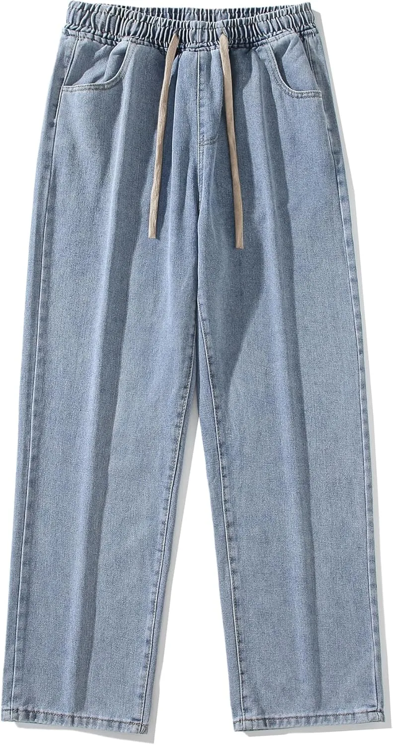 DOSLAVIDA Men's Regular Fit Straight Leg Jeans Casual Drawstring Elastic Waist Denim Pants Lightweight Carpenter Jean