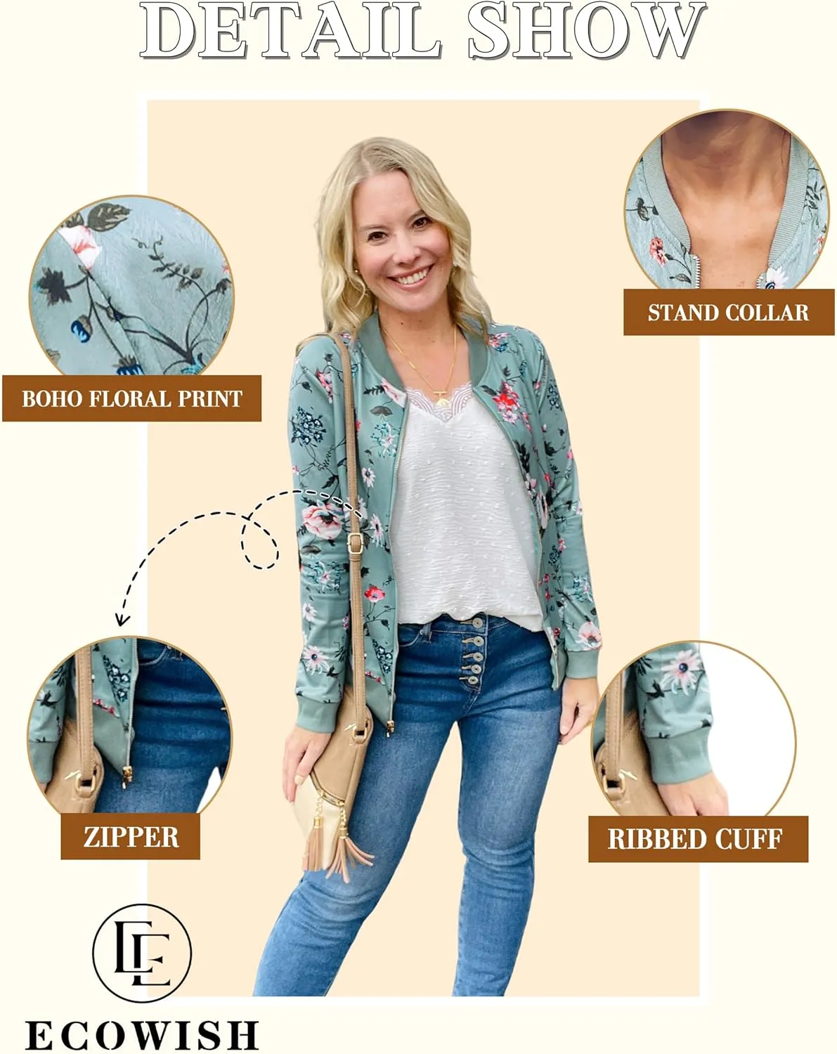 ECOWISH Women's Casual Floral Zip Up Bomber Jacket Coat Lightweight Short Camo No Lining Outwear Tops Windbreaker with Pocket
