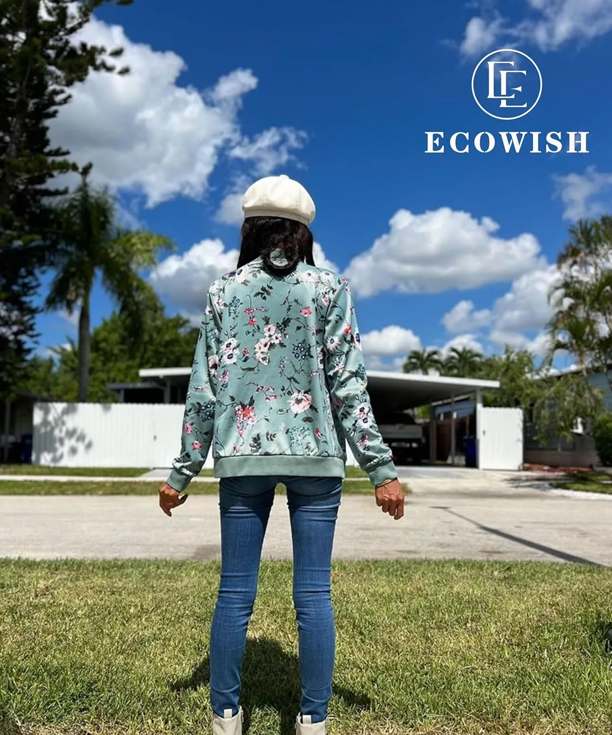 ECOWISH Women's Casual Floral Zip Up Bomber Jacket Coat Lightweight Short Camo No Lining Outwear Tops Windbreaker with Pocket