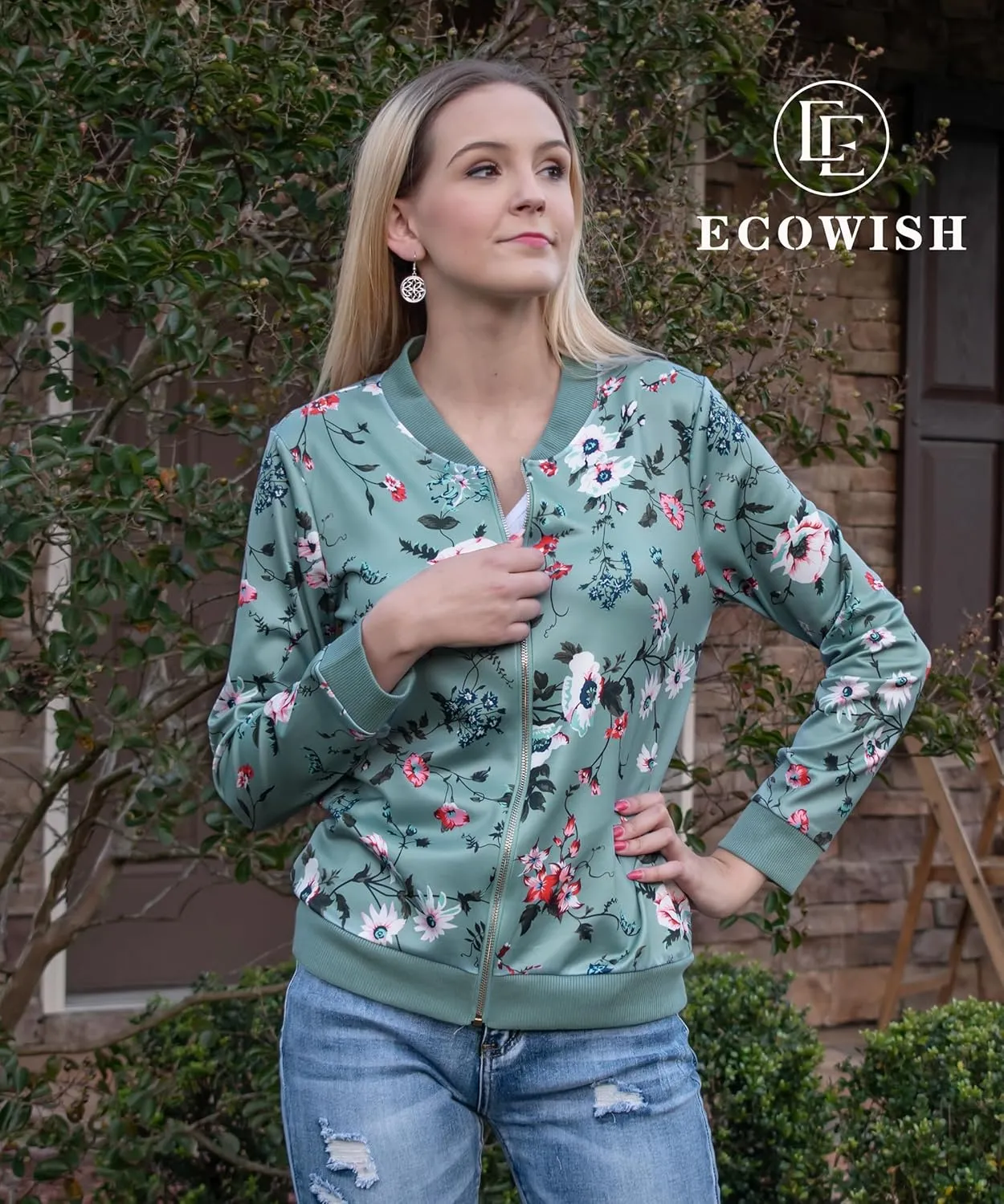 ECOWISH Women's Casual Floral Zip Up Bomber Jacket Coat Lightweight Short Camo No Lining Outwear Tops Windbreaker with Pocket