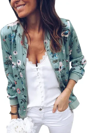 ECOWISH Women's Casual Floral Zip Up Bomber Jacket Coat Lightweight Short Camo No Lining Outwear Tops Windbreaker with Pocket