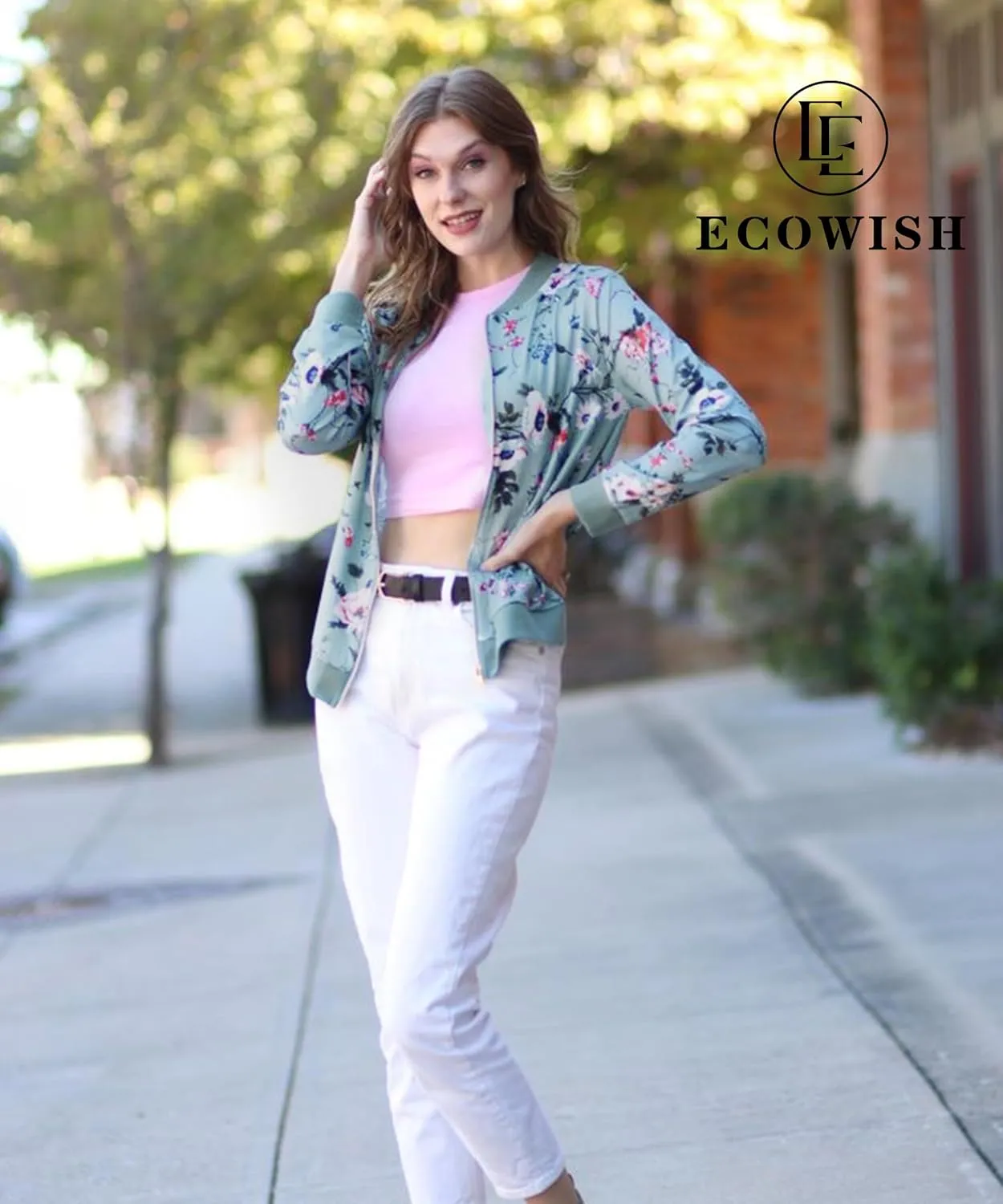 ECOWISH Women's Casual Floral Zip Up Bomber Jacket Coat Lightweight Short Camo No Lining Outwear Tops Windbreaker with Pocket