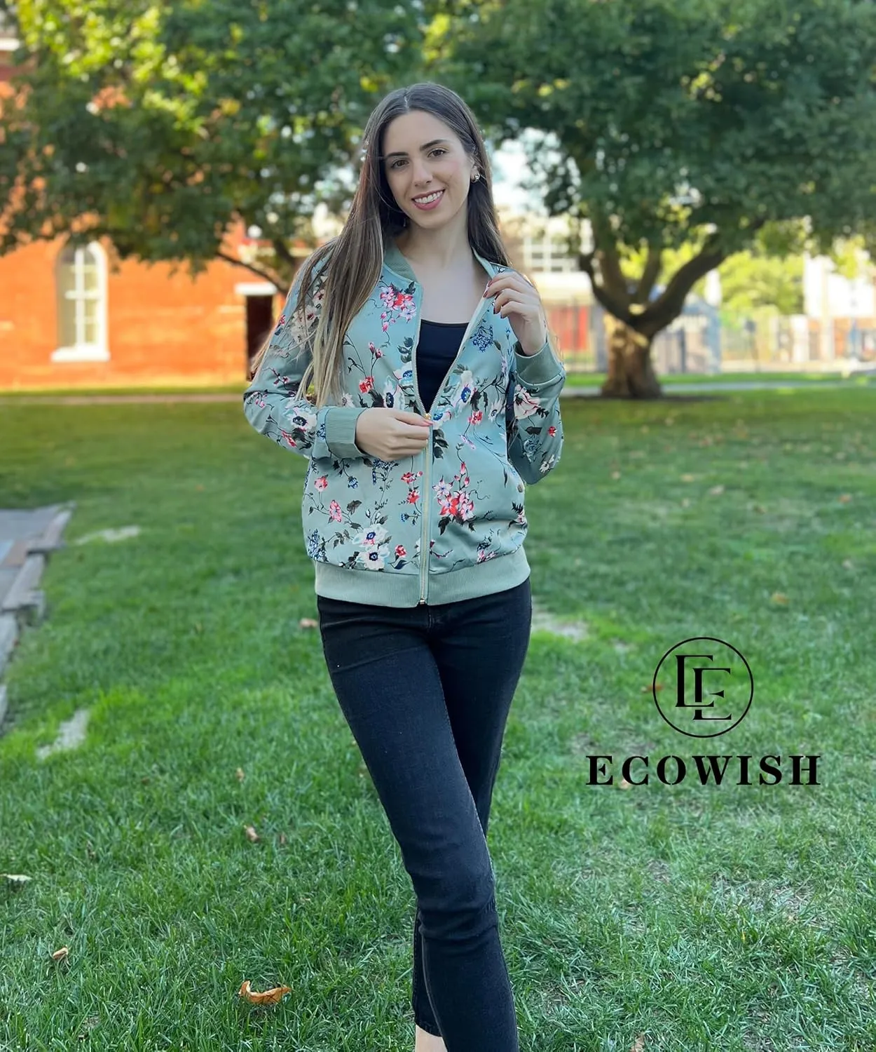 ECOWISH Women's Casual Floral Zip Up Bomber Jacket Coat Lightweight Short Camo No Lining Outwear Tops Windbreaker with Pocket
