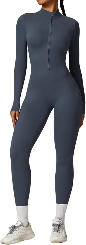 ECUPPER Women Long Sleeve Bodycon Jumpsuits Workout Zip Up Unitard One Piece Full Bodysuits Sexy Yoga Rompers Pants