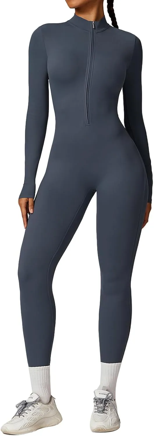 ECUPPER Women Long Sleeve Bodycon Jumpsuits Workout Zip Up Unitard One Piece Full Bodysuits Sexy Yoga Rompers Pants