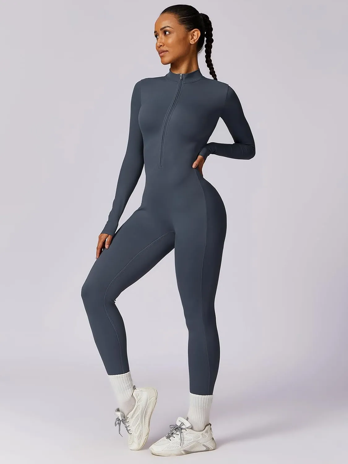 ECUPPER Women Long Sleeve Bodycon Jumpsuits Workout Zip Up Unitard One Piece Full Bodysuits Sexy Yoga Rompers Pants