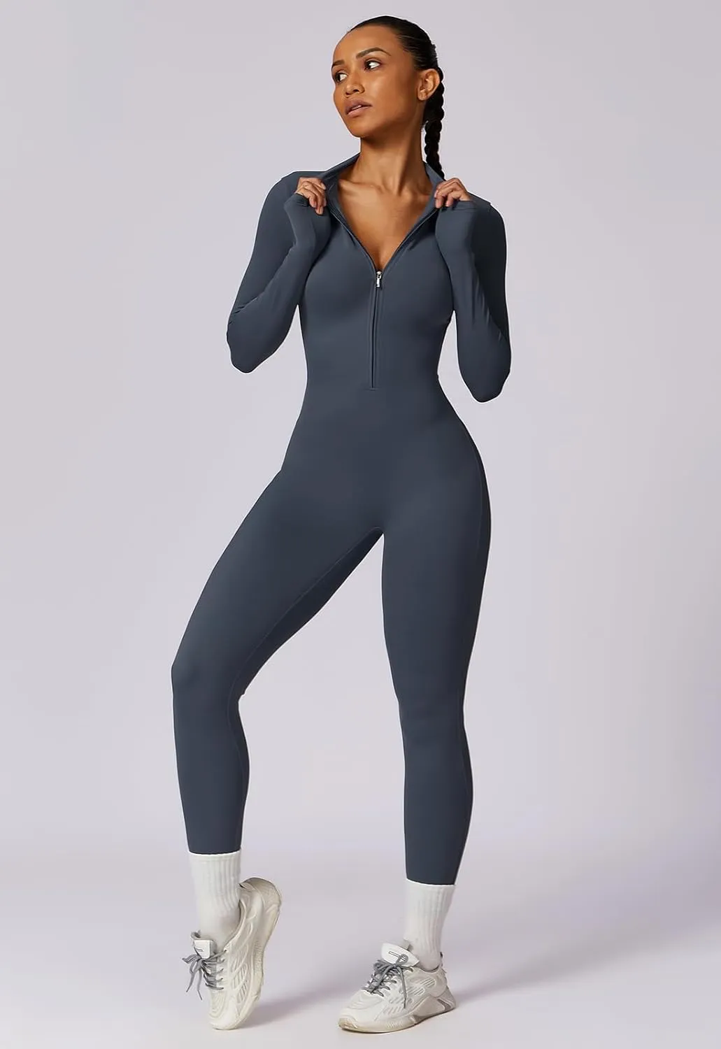ECUPPER Women Long Sleeve Bodycon Jumpsuits Workout Zip Up Unitard One Piece Full Bodysuits Sexy Yoga Rompers Pants