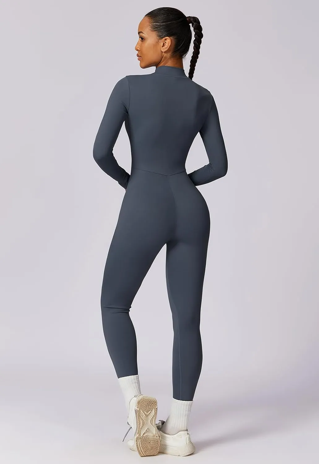 ECUPPER Women Long Sleeve Bodycon Jumpsuits Workout Zip Up Unitard One Piece Full Bodysuits Sexy Yoga Rompers Pants
