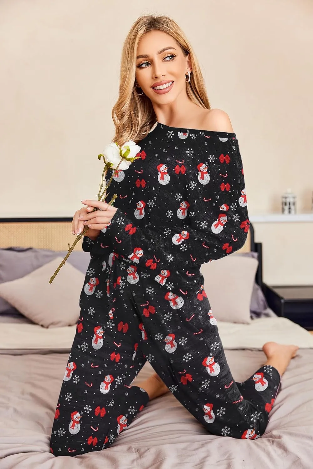 Ekouaer Pajama Set Womens Long Sleeve Sleepwear Pullover Top and Pants Cozy Loungewear Soft Pjs Lounge Set with Pockets S-XXL