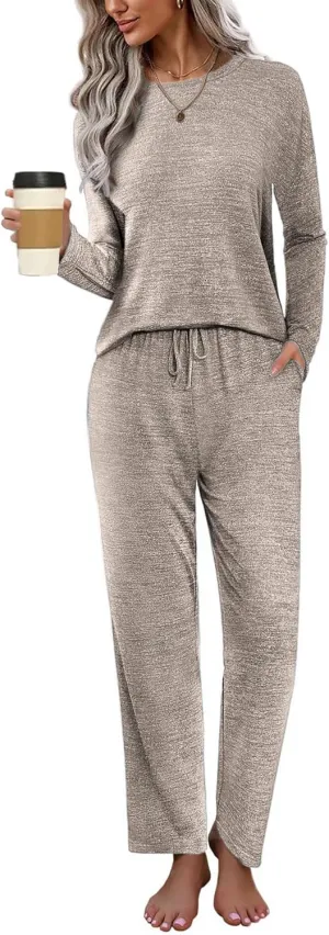 Ekouaer Pajama Set Womens Long Sleeve Sleepwear Pullover Top and Pants Cozy Loungewear Soft Pjs Lounge Set with Pockets S-XXL