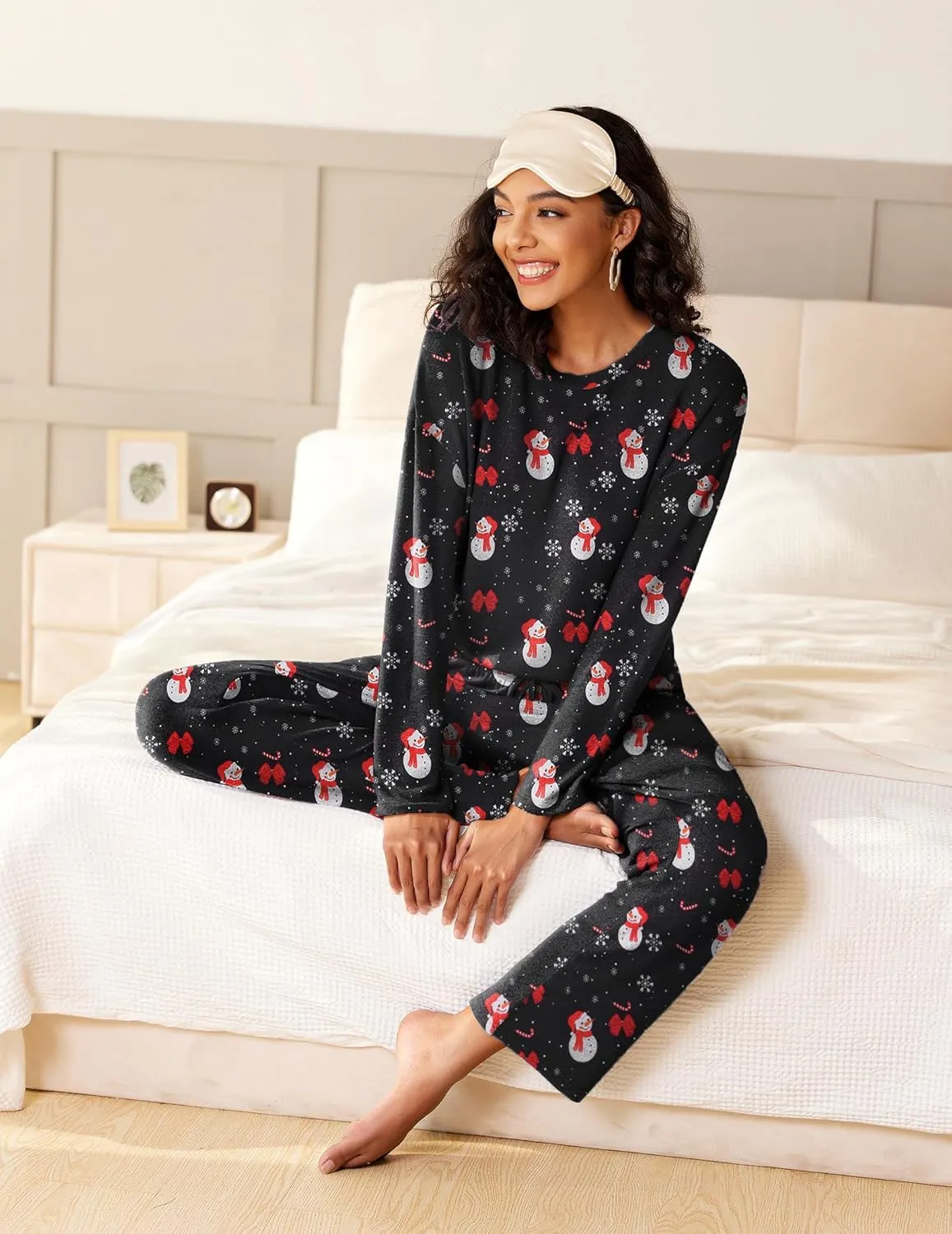 Ekouaer Pajama Set Womens Long Sleeve Sleepwear Pullover Top and Pants Cozy Loungewear Soft Pjs Lounge Set with Pockets S-XXL