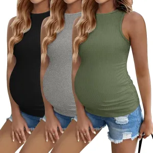 Ekouaer Women Maternity Tank Tops 3 Packs Crew Neck Ribbed Pregnancy Shirts Mama Clothes