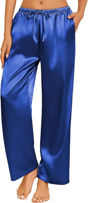 Ekouaer Womens Silk Satin Pajama Pants Casual Loose Lounge Pants Drawstring Elastic Waist Wide Leg Pj Bottoms with Pockets