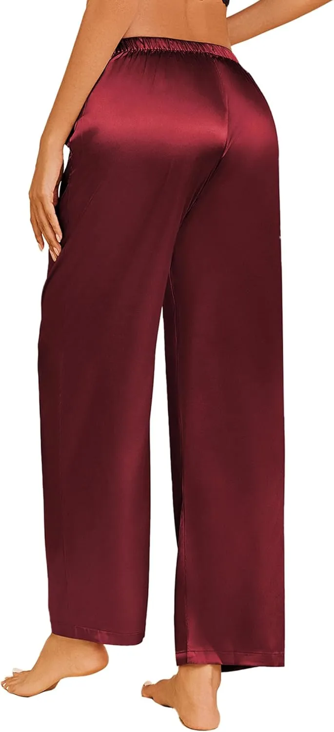 Ekouaer Womens Silk Satin Pajama Pants Casual Loose Lounge Pants Drawstring Elastic Waist Wide Leg Pj Bottoms with Pockets