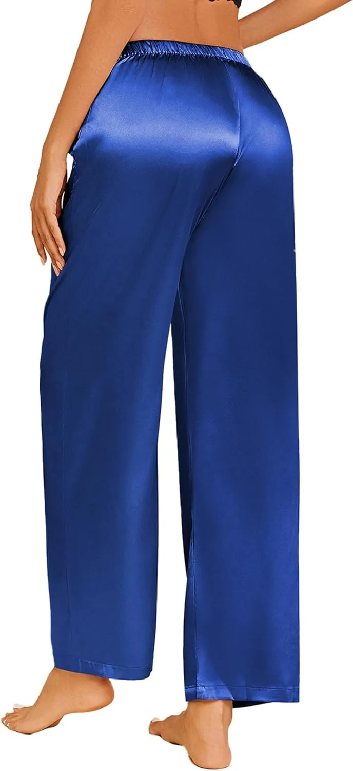 Ekouaer Womens Silk Satin Pajama Pants Casual Loose Lounge Pants Drawstring Elastic Waist Wide Leg Pj Bottoms with Pockets