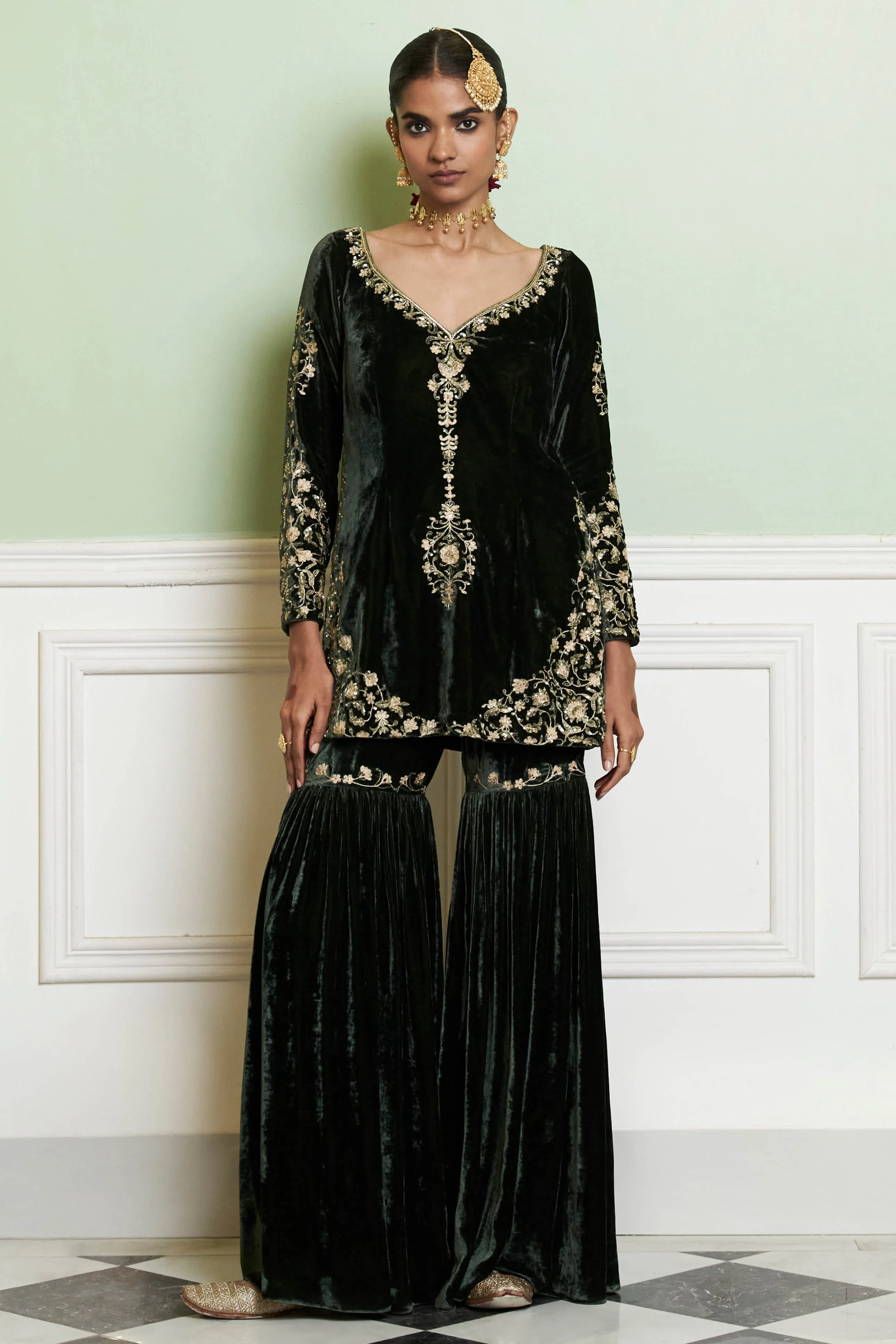 Emerald Green Embroidered Velvet Gharara Set