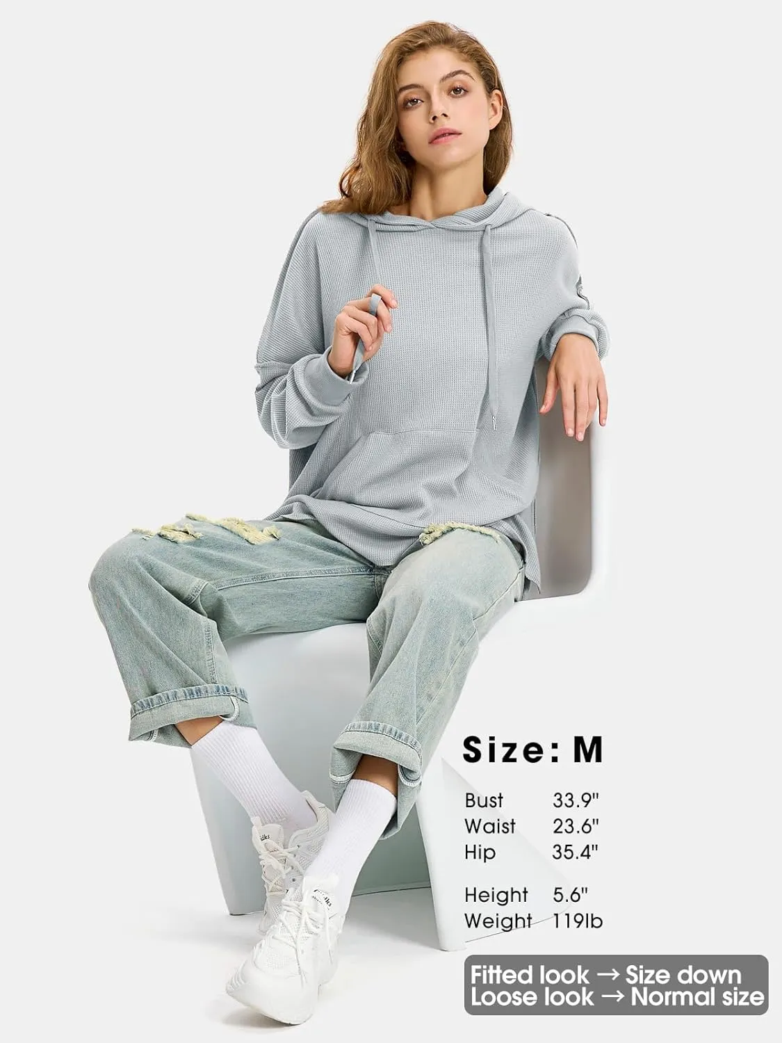 EXLURA Womens Oversized Waffle Hoodies Drawstring Lightweight Plus Size Pullover Sweatshirt with Pocket 2024 Trendy Outfits